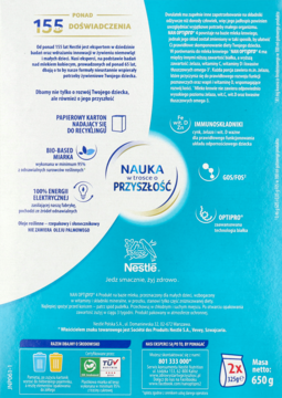 Tył jasnoniebieskiego opakowania mleka NAN OPTIPRO 4 dla dzieci, z detalami o składnikach odżywczych i logo Nestlé.