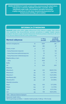 Tabela wartości odżywczych mleka modyfikowanego NAN OPTIPRO 5 na niebieskim tle, z danymi per 100g produktu.