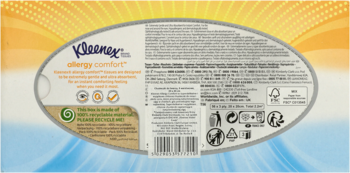 Tył opakowania chusteczek Kleenex allergy comfort z opisem produktu i certyfikatami, na żółto-niebieskim tle.