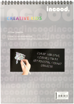 Szara spirala wydrapywanka Creative Kids. Dłoń zdrapuje czarną warstwę, odsłaniając holograficzne wzory.