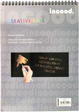 Wydrapywanka Incood Creative Kids, szary zeszyt ze spiralą, złoty wzór spod czarnej farby, przód.