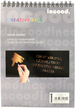 Zestaw Creative Kids: zdrapywanka z 10 złotymi arkuszami i rysikiem, szara okładka, widok z przodu.