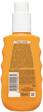 Tył pomarańczowego, falistego sprayu przeciwsłonecznego Garnier Ambre Solaire Kids Protect+ SPF 50+, etykieta 150ml.