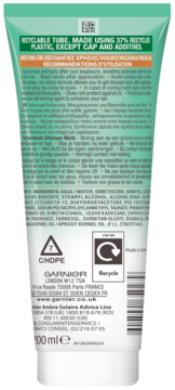 Tył zielonej tubki Garnier Ambre Solaire, balsam po opalaniu 200ml, z informacjami o składnikach i recyklingu.