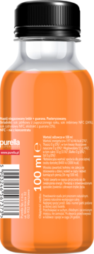 Purella Super Shot Energia imbir + guarana, tył pomarańczowej butelki 100ml z etykietą, składem i kodem.