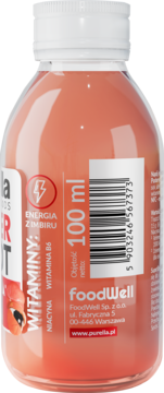 Purella Superfoods Super Shot Energia, brzoskwiniowy napój imbirowy 100ml z witaminami, widok z przodu.