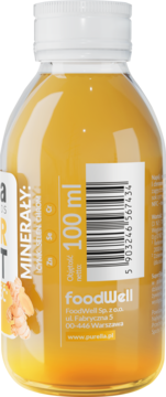 Tył butelki Purella Superfoods Super Shot Odporność imbir+kurkuma (100ml), żółty napój z etykietą "MINERAŁY", biały korek.