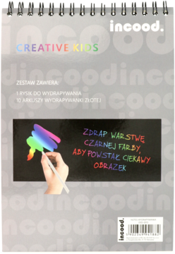 Wydrapywanka Incood Creative Kids, czarna spirala, przykład tęczowego obrazka, 10 arkuszy, rysik.