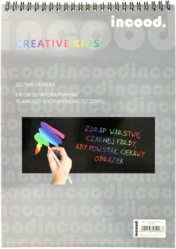 Spiralowana wydrapywanka incood. Creative Kids z czarną farbą i tęczowymi kartkami, widok z przodu.