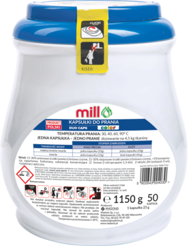 Biała tubka kapsułek do prania Mill Professional Duo Caps Color, 50 sztuk, z niebieską pokrywką, widok z przodu.