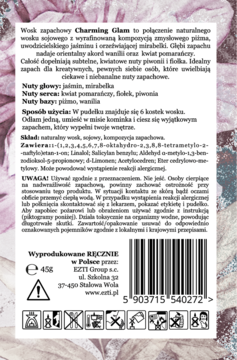 Tył opakowania wosku zapachowego Charming Glam, białe pudełko z polskim tekstem i kodem kreskowym.