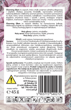Tył opakowania wosku zapachowego Charming Glam 45g. Widoczne składniki, instrukcje i kod kreskowy.