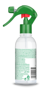 Tył odświeżacza Air Wick Active Fresh Room, spray z zielonym spustem, butelka z recyklingu, widoczne etykiety.