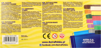 Tył opakowania kwadratowej plasteliny Astra, 12 kolorów, z opisem, kodem kreskowym i logo CE.