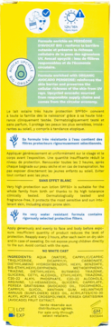Tył żółtego opakowania Mustela Sunscreen SPF 50+, widoczne instrukcje, lista składników i logo awokado.