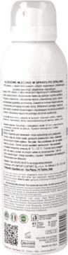 Białe mleczko po opalaniu Equilibra Aloe w sprayu, tył opakowania z etykietą i informacjami.