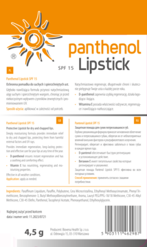Opakowanie ochronnej pomadki Panthenol Lipstick SPF 15, widok z tyłu, szczegóły produktu, skład i kod.