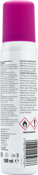 Tył białego aerozolu 100 ml na komary i kleszcze, z różową zakrętką, widoczne instrukcje i piktogramy.