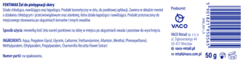 Tył opakowania żelu VACO FENTIMAX 50g, białe tło, niebieski kod kreskowy i widoczna lista składników.
