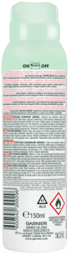 Tył zielonego antyperspirantu Garnier Mineral Hyaluronic Care 150ml, widoczne etykieta, ON/OFF i symbole.
