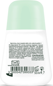 Tył antyperspirantu Garnier Mineral Hyaluronic Care roll-on 50ml, z informacją o 33% mniej plastiku.