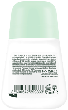 Tył białego roll-onu Garnier Mineral Hyaluronic Care 72h z zieloną zakrętką, info o 33% mniej plastiku.
