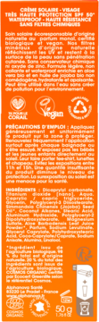 Tył pomarańczowego opakowania Alphanova Organic Sun SPF 50+ kremu do twarzy, z listą składników i logo.
