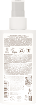 Tył białego, organicznego sprayu Alphanova Sun SPF 30, z widoczną etykietą i składem.