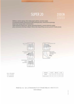 Strona informacyjna matowych rajstop SUPER 20 DEN, cielistych, rozmiar M, z ilustracjami cech i tabelą rozmiarów.