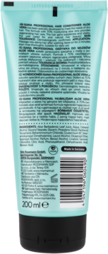 Tył odżywki Isana Professional Aloe Vera 200ml. Dla włosów suchych, 70% aloesu, nawilża i uelastycznia włosy.