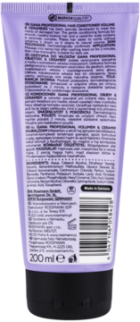 Tył fioletowej tubki odżywki ISANA Professional z ceramidami 200ml, widoczna lista składników i barcode.