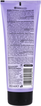 Tył fioletowej tubki Isana Professional Volume & Ceramide Hair Shampoo 250ml, z opisem dla włosów cienkich i składem.