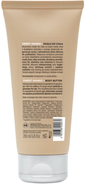 Tył beżowej tubki masła do ciała Sweet Mango z masłem shea i mango, biała zakrętka, 200 ml.