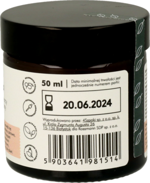 Tył wegańskiego kremu nawilżająco-ochronnego 50 ml, z datą ważności 20.06.2024 i kodem kreskowym.