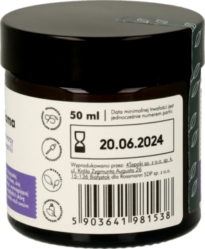 Tył wegańskiego kremu do twarzy 50 ml w ciemnym szklanym słoiku, z datą ważności 20.06.2024 i kodem.