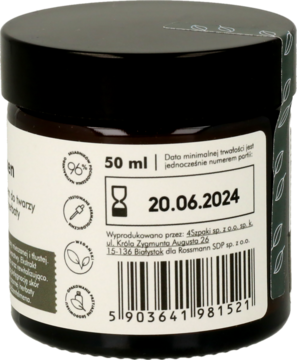 Ciemny słoiczek wegańskiego kremu matująco-nawilżającego Rossmann, widok z tyłu z datą ważności i 50 ml.