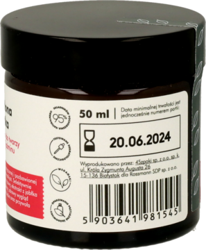Tył opakowania wegańskiego kremu do twarzy 4 Szpaki w brązowym słoiczku 50 ml, z etykietą i datą 20.06.2024.