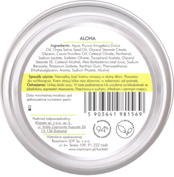 Tył aluminiowej puszki wegańskiego kremu do rąk Aloha z widoczną etykietą, składem, kodem kreskowym i logo 94% natural.