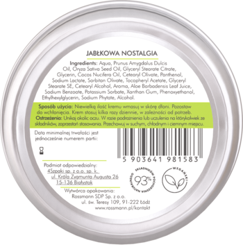 Tył aluminiowej puszki kremu do rąk Jabłkowa Nostalgia z etykietą, składem, logo vegan Rossmann.