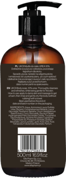 Tył brązowej butelki UKOI Body soap 10% urea z czarną pompką, widoczne etykiety z opisem i składem.