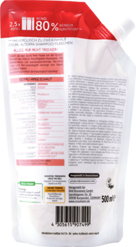 Tył saszetki Alterra Szampon nawilżający GRANAT BIO, 500ml, refill z informacją o 80% mniej plastiku.