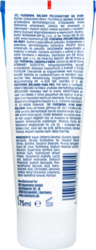 Tył białej tubki balsamu do stóp FUSSWOHL 175ml, z opisem produktu w wielu językach i listą składników.