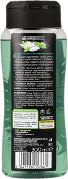 Tył butelki żelu DANA Men Fresh Mint 5w1 do ciała i włosów. Widoczny zielony płyn, czarny napis i kod kreskowy.
