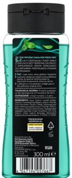 Tył żelu pod prysznic Isana Men Fresh Mint 5w1 300ml z listą składników i certyfikatem Vegan.