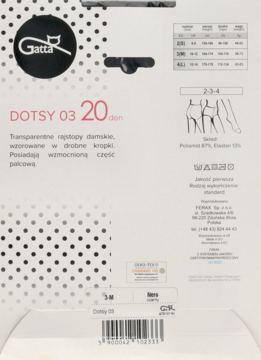 Tył białego opakowania rajstop Gatta Dotsy 03 20 den. Widoczne informacje: wzór w kropki, skład i tabela rozmiarów.