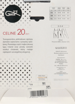 Tył opakowania rajstop Gatta Celine 20 den, z tabelą rozmiarów, składem materiałowym i danymi producenta.
