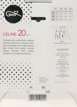 Tylna strona opakowania rajstop Gatta Celine 20 den z logo, opisem transparentnych cech i składu.