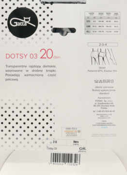 Białe opakowanie rajstop Gatta DOTSY 03 20 den z tyłu, z czarnymi kropkami i informacjami o produkcie.