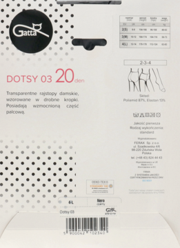 Tył opakowania rajstop Gatta DOTSY 03 20 den, transparentnych, z drobnymi kropkami i wzmocnionym palcem. Widoczna tabela rozmiarów.