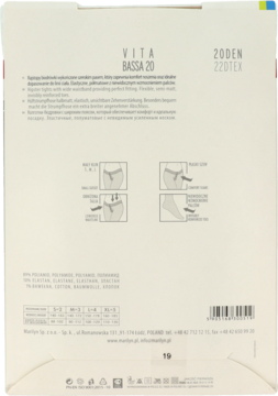 Tył beżowego opakowania rajstop biodrówek Marilyn Vita Bassa 20 DEN z polskim opisem cech i diagramami.